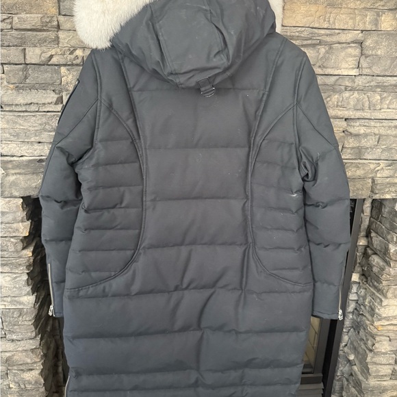 Moose Knuckles Black Puffer Coat with White Pom Accents - Picture 6 of 12
